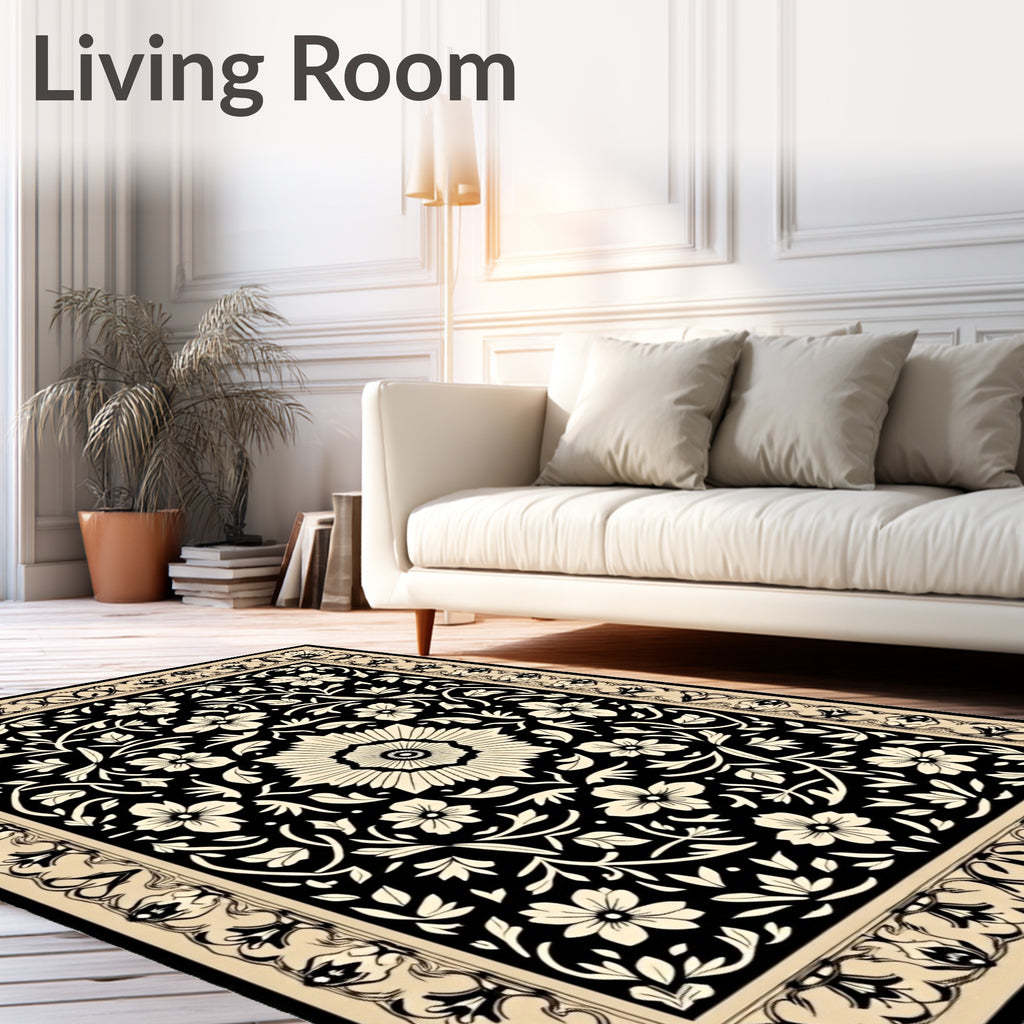 Classic Floral Patterned Black and Cream Rug