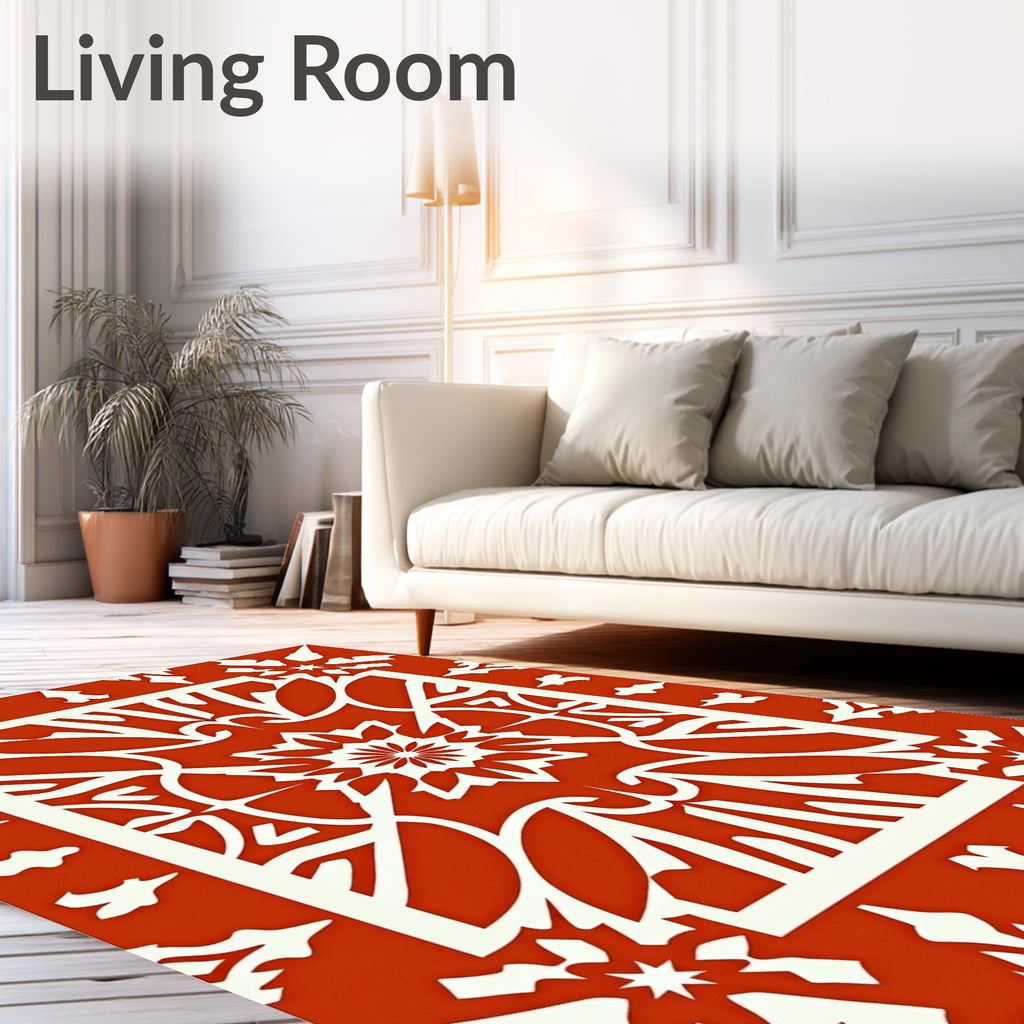 Ornate Red White Floral Mandala Rug