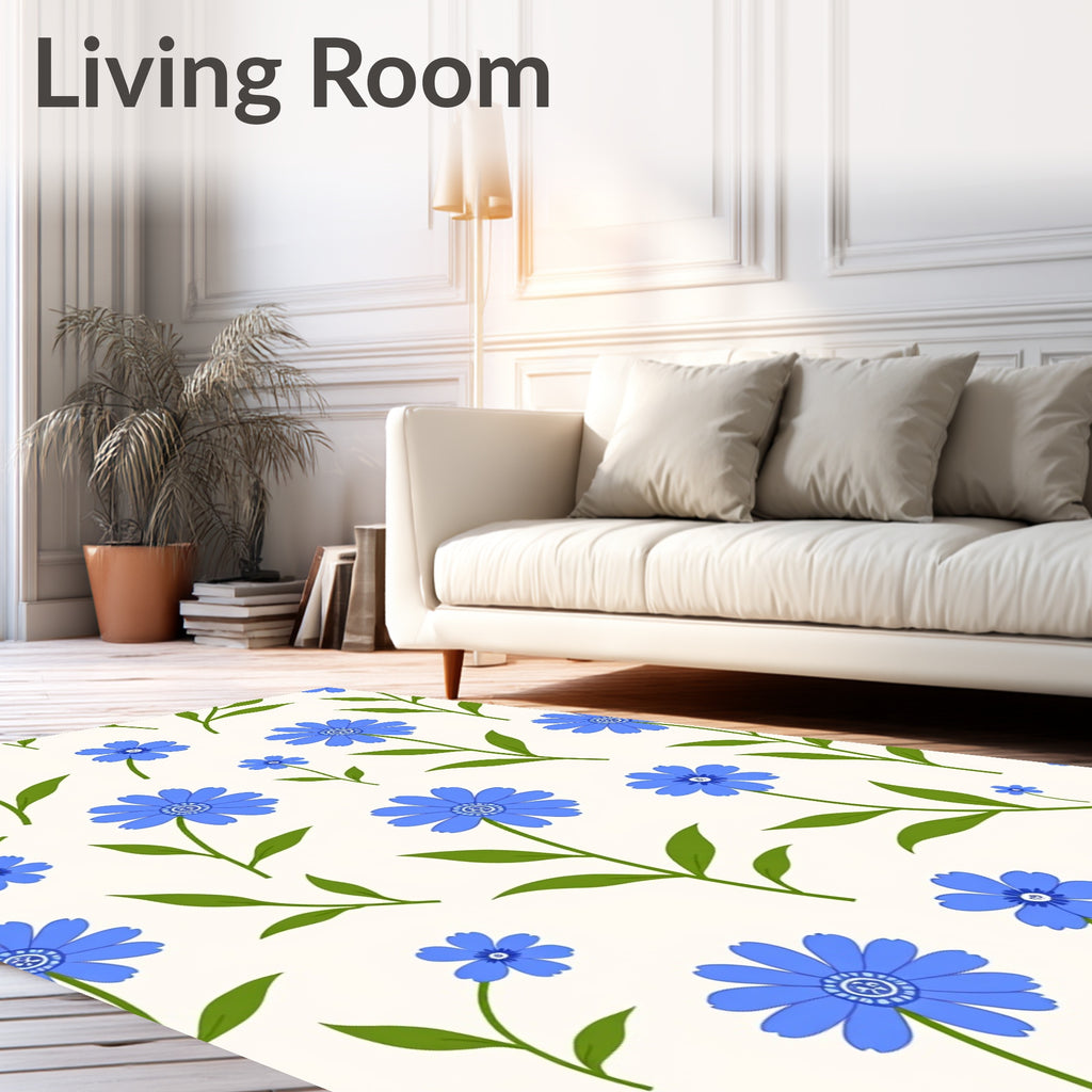 Blue Floral Patterned Garden Design Rug
