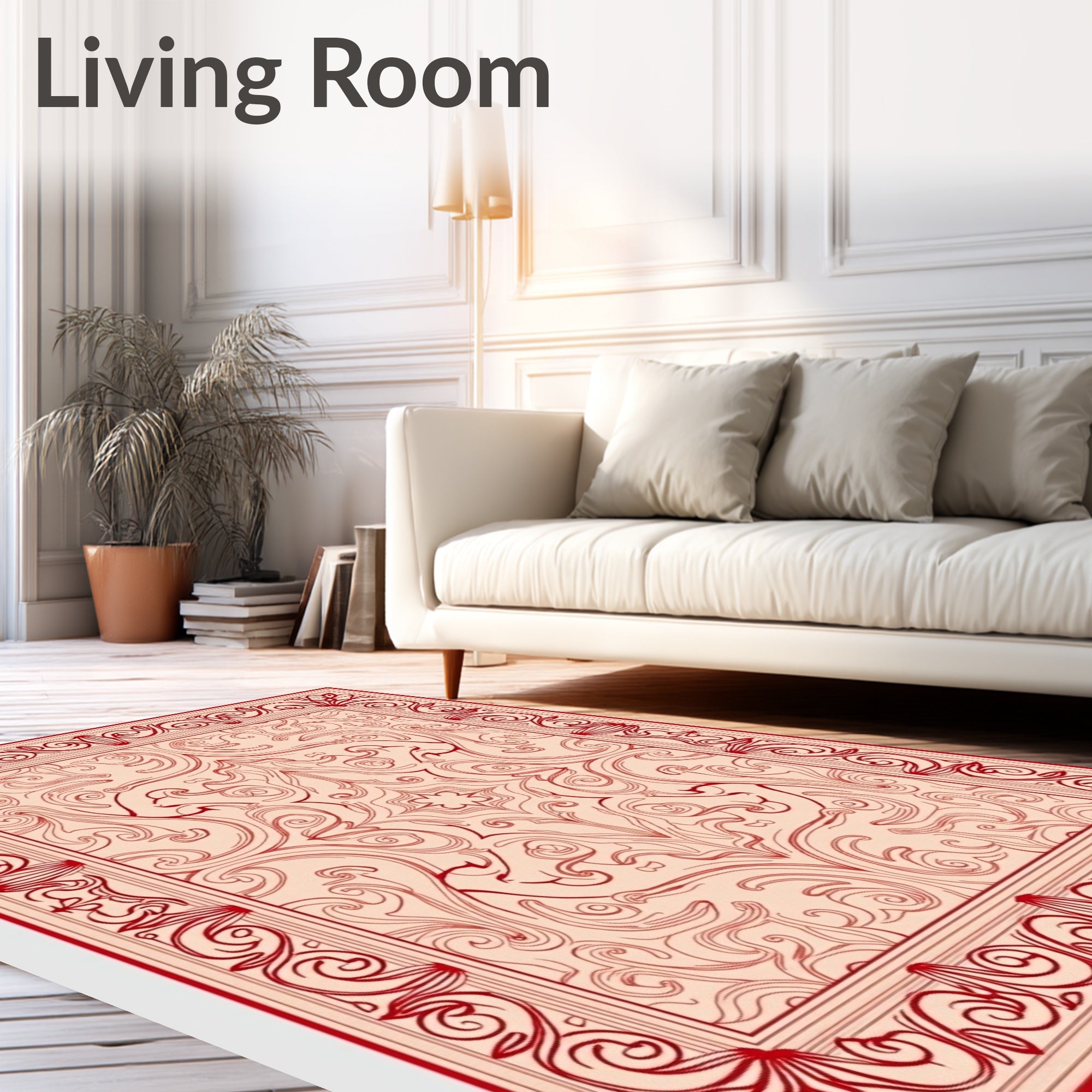 Ornate Red Beige Floral Scroll Rug