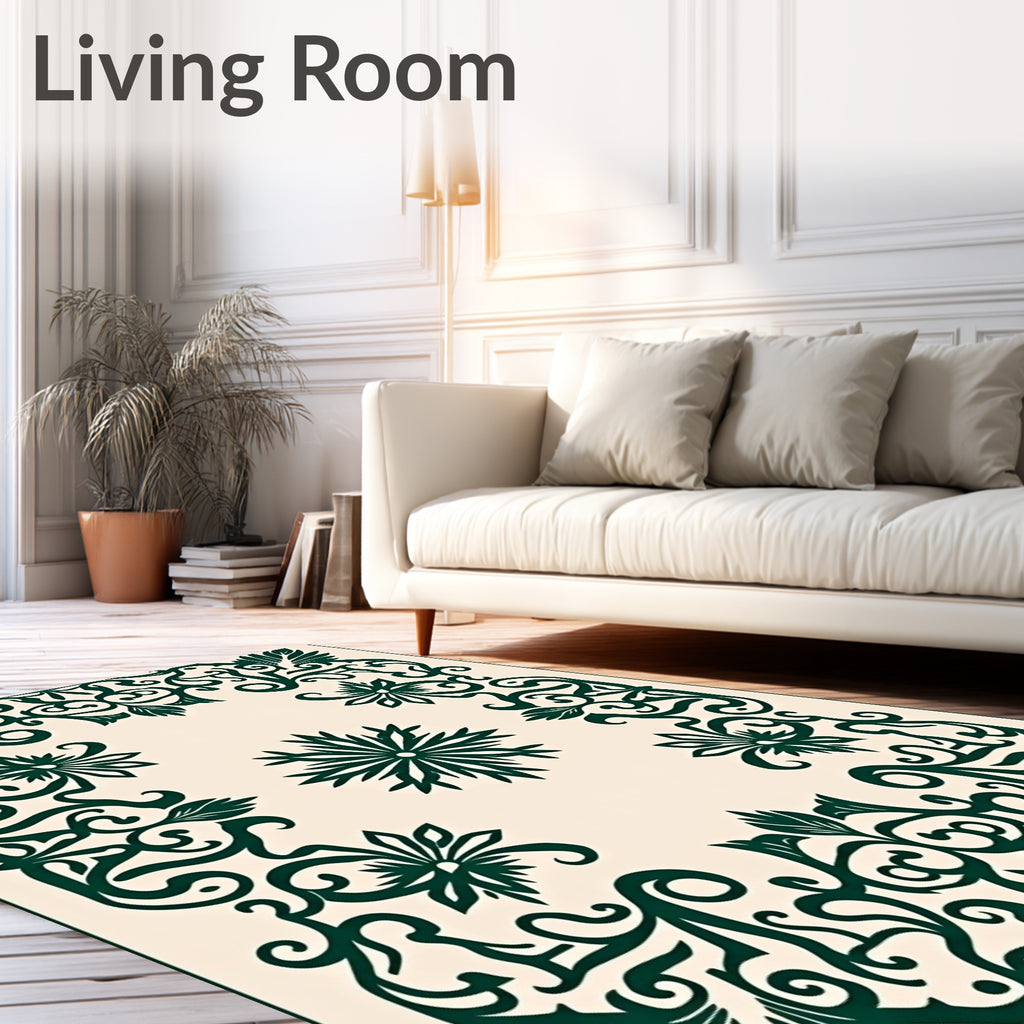 Ornate Green Floral Filigree Pattern Rug