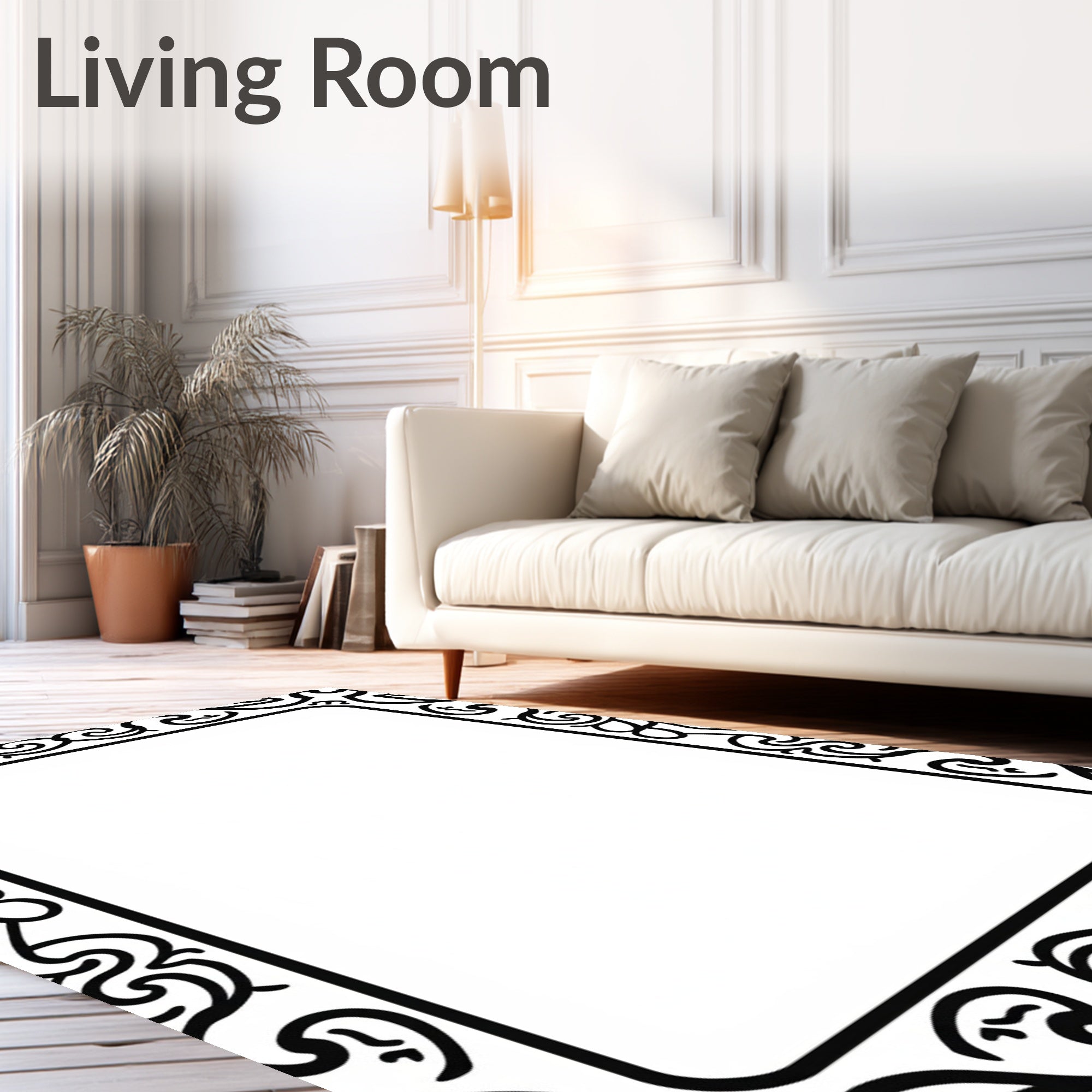 Elegant Black Scrollwork Border Rug