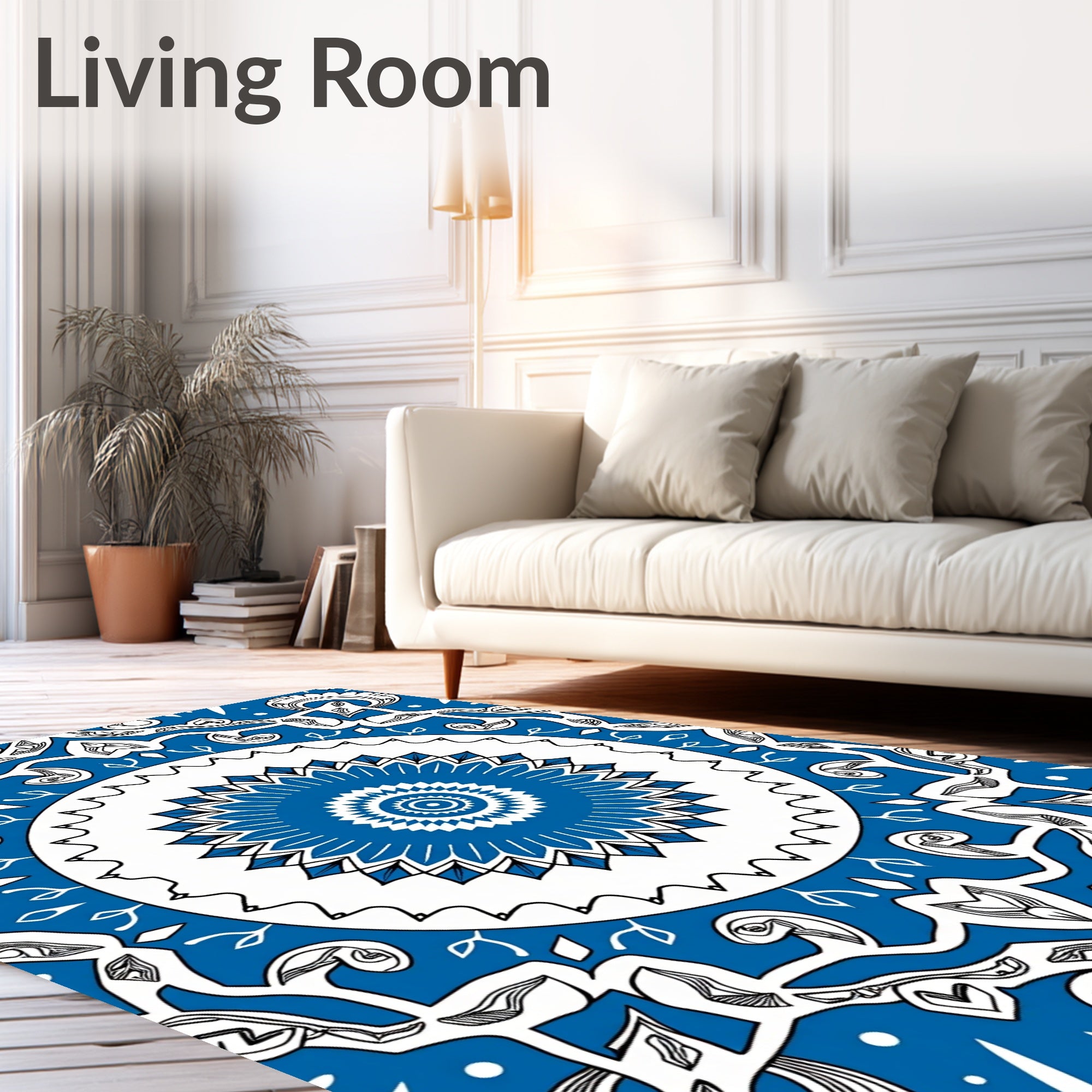 Intricate Blue White Floral Mandala Rug