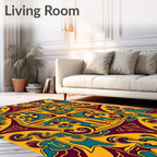 Stylized Yellow Teal Burgundy Medallion Rug
