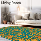 Teal Gold Intricate Floral Medallion Design Rug