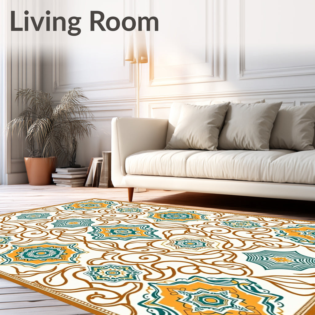 Orange Teal Starburst Floral Vines Rug
