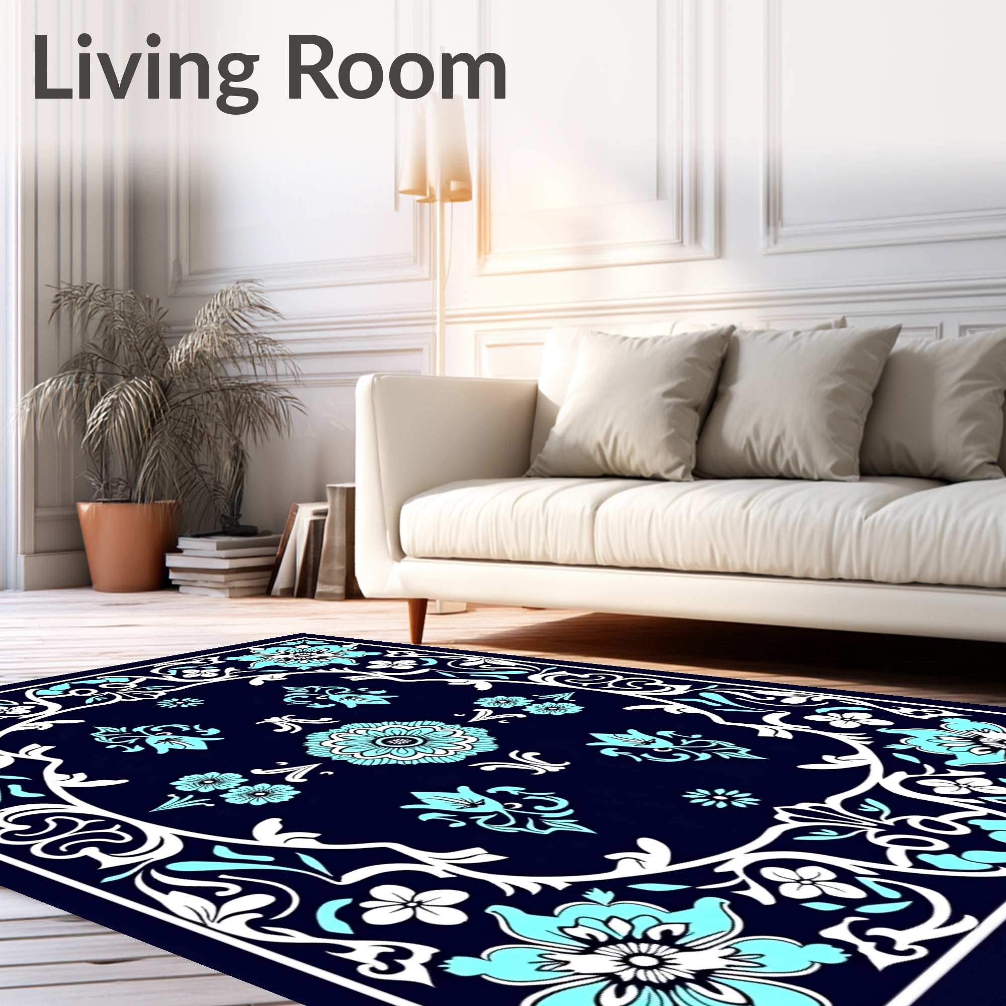 Aqua Floral Vines Mandala Pattern Rug
