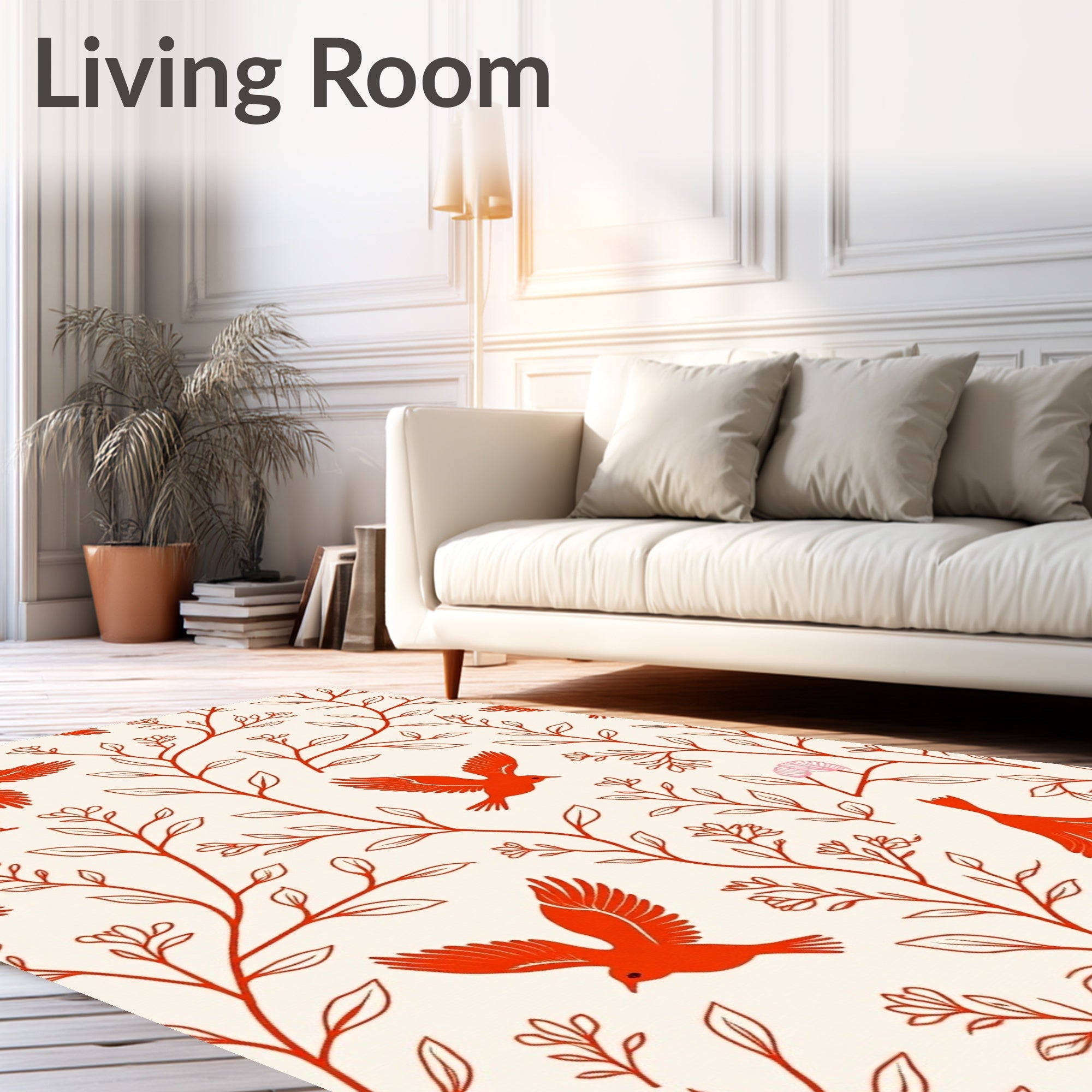 Vibrant Red Birds and Branches Pattern Rug