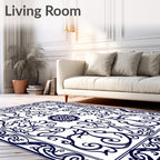 Classic Navy White Floral Scroll Rug