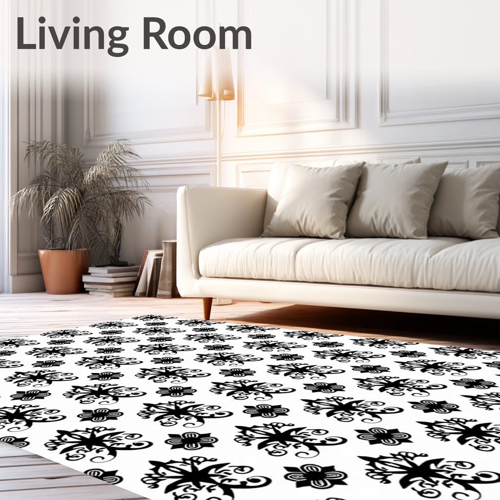 Black White Classic Floral Damask Rug