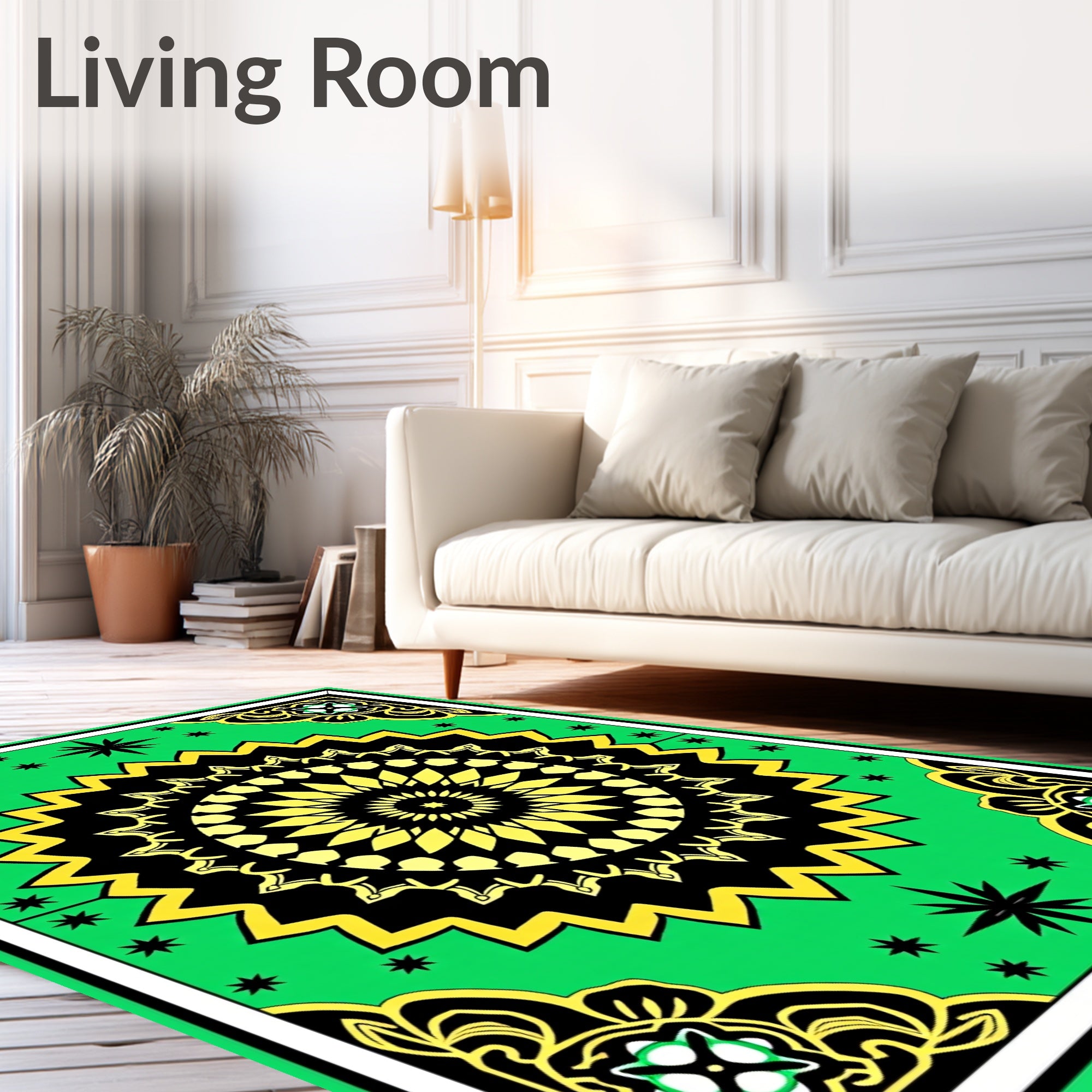 Vibrant Yellow And Black Mandala Design Rug