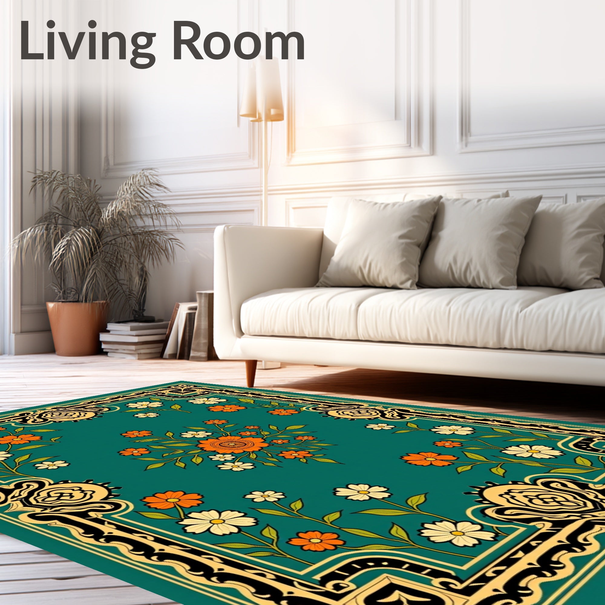Orange and White Flower Bordered Design Rug