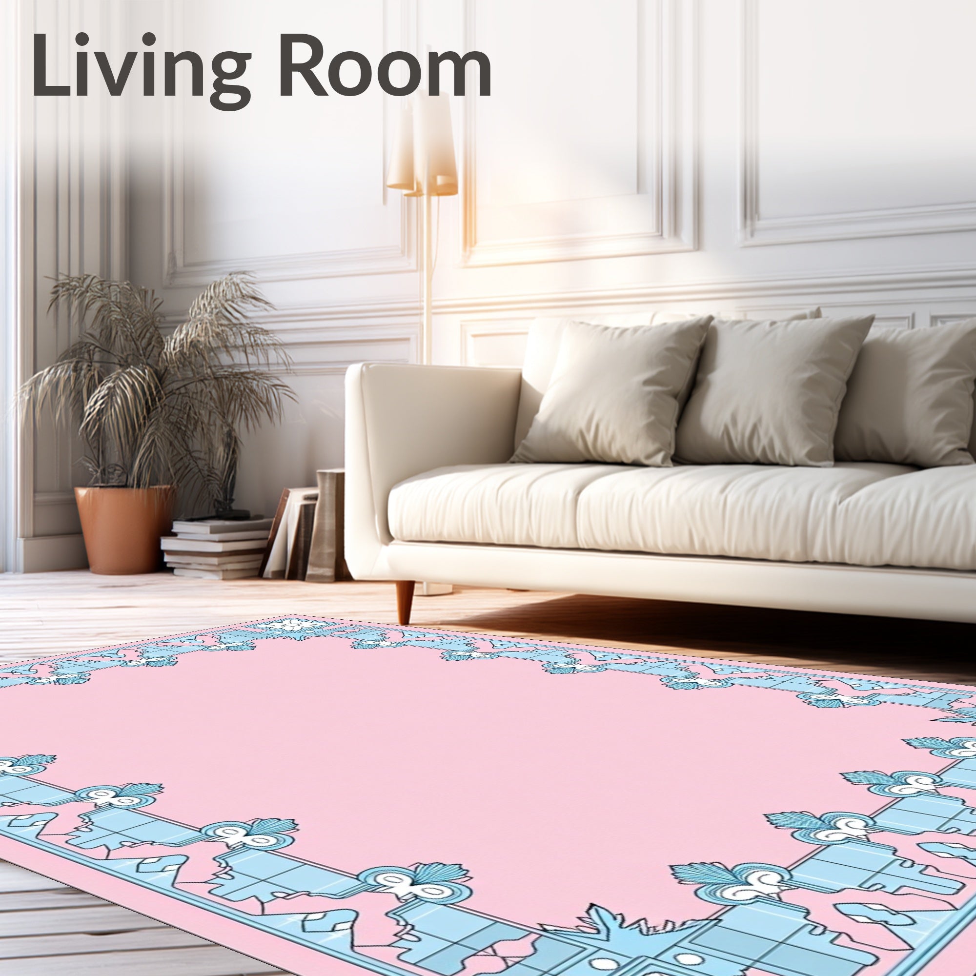 Soft Pink Blue Floral Border Rug