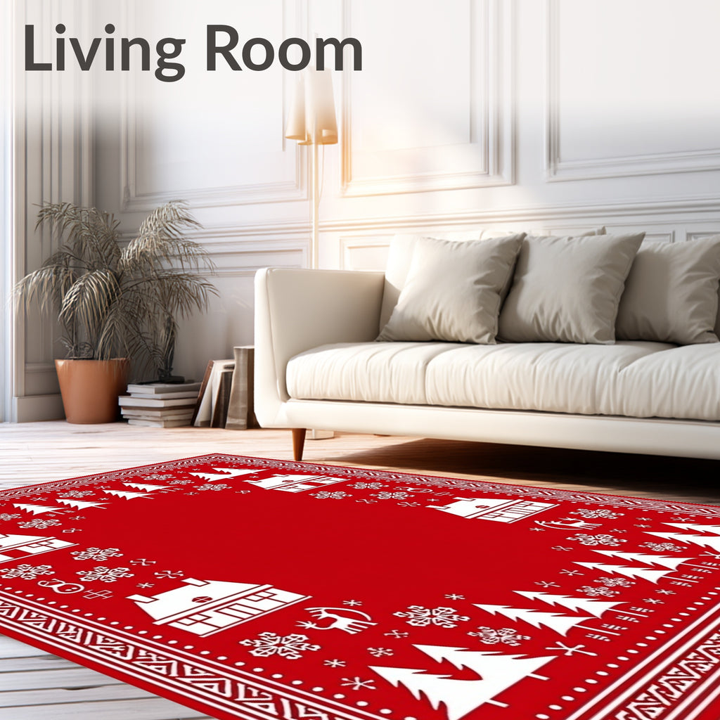 Festive Red Winter Wonderland Scene Rug