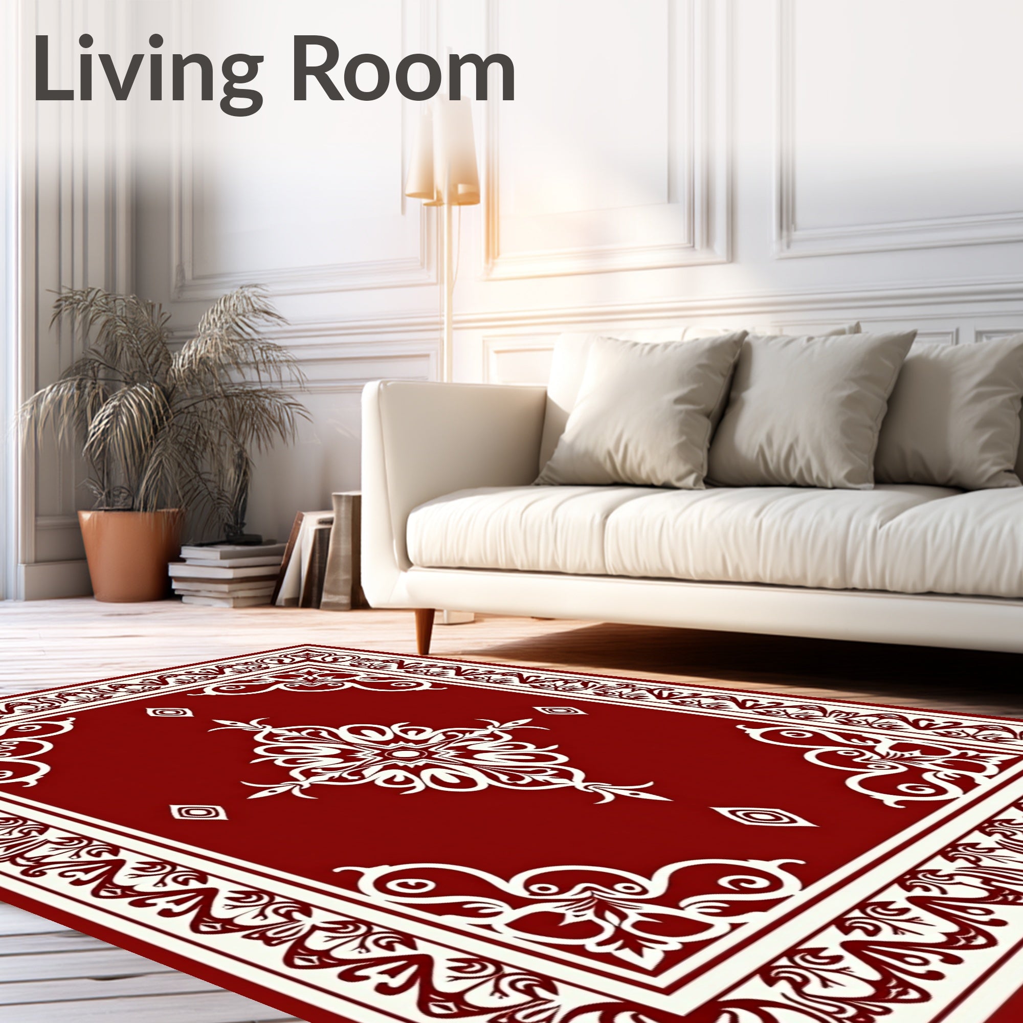 Elegant Red White Floral Border Design Rug