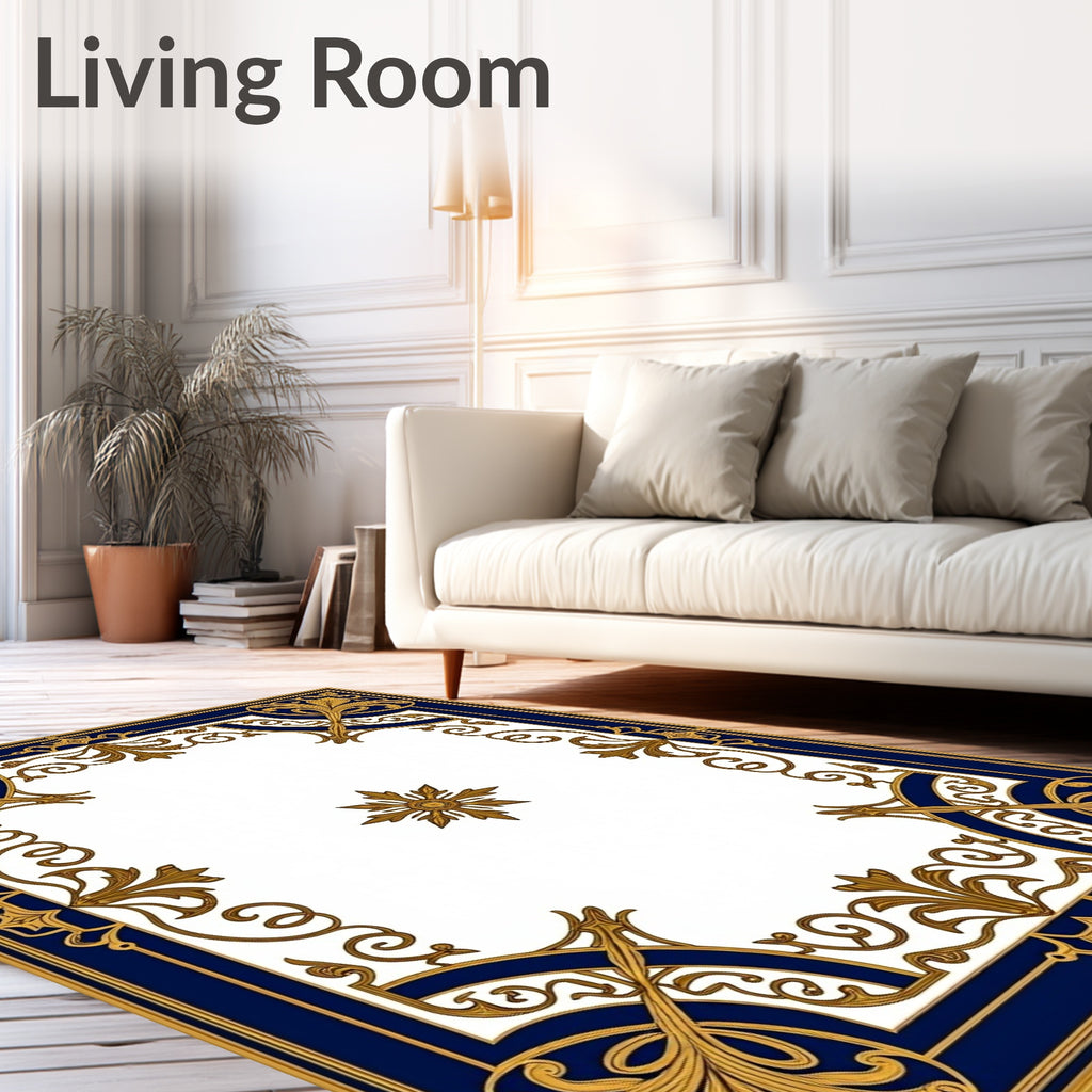 Regal Gold Deep Blue Floral Frame Rug