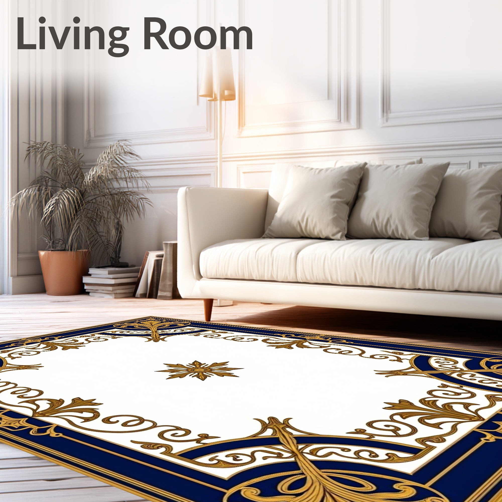 Regal Gold Deep Blue Floral Frame Rug