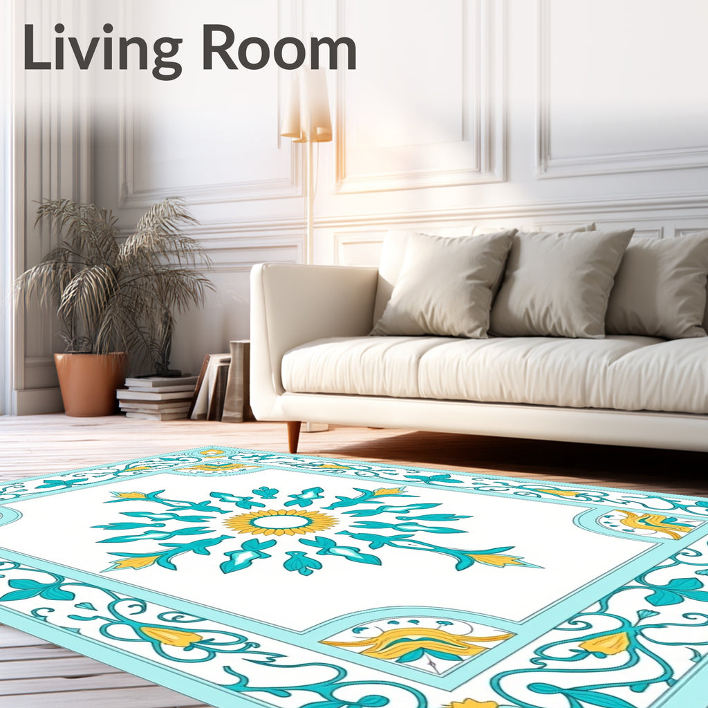 Aqua Yellow Floral Mandala Design Rug