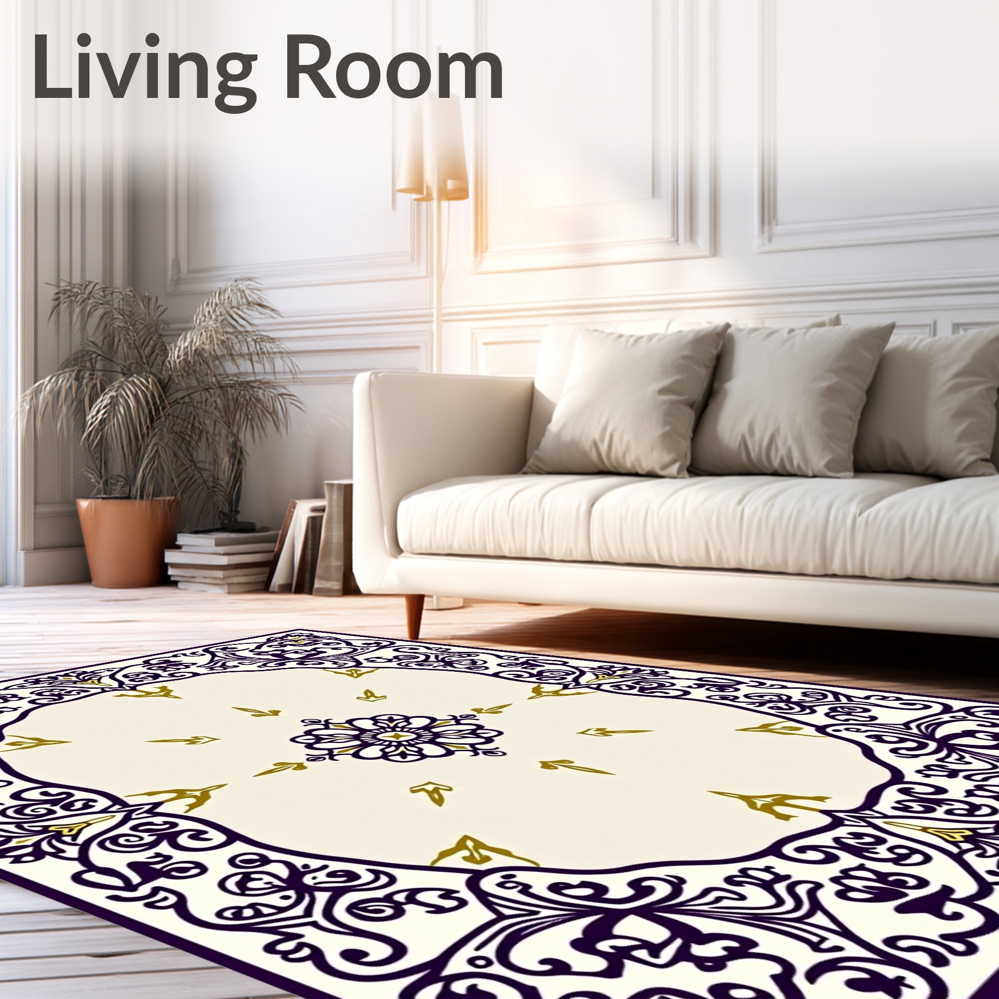 Elegant Purple Gold Floral Frame Rug
