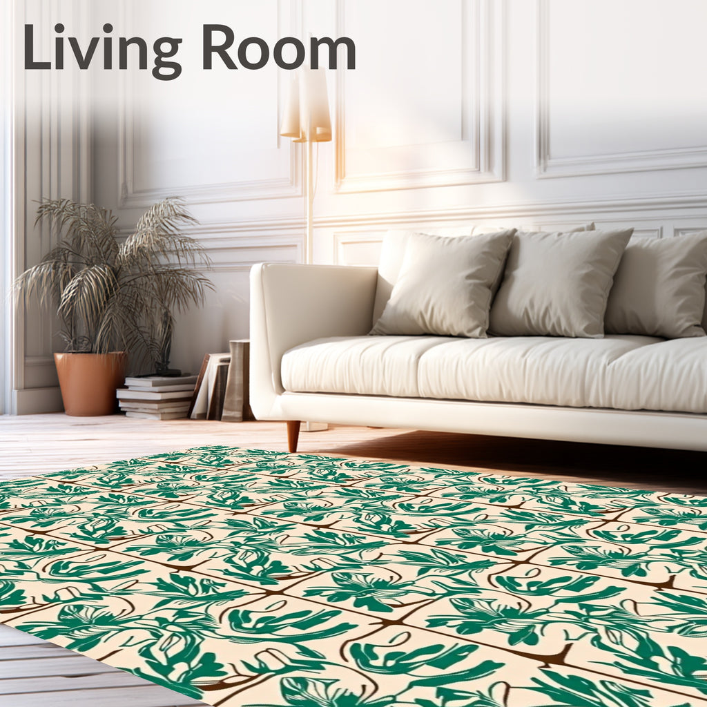 Emerald Leaf Patterned Square Design Rug