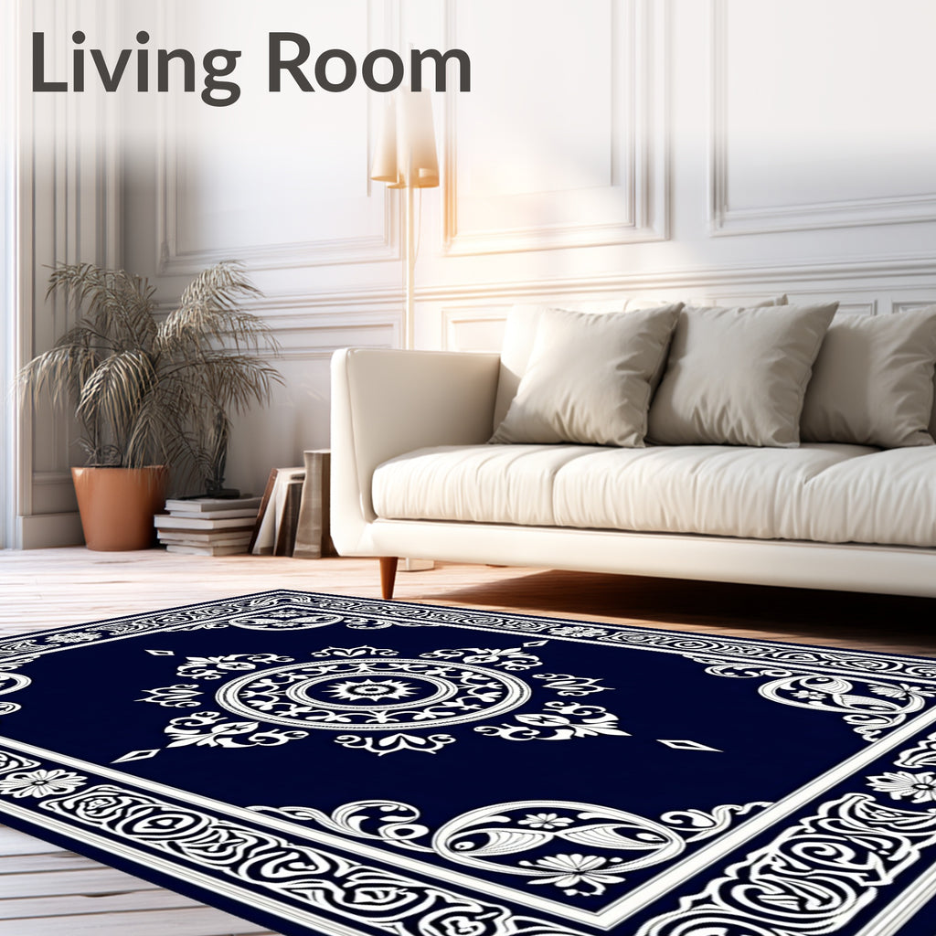 Intricate White Floral Medallion Border Rug