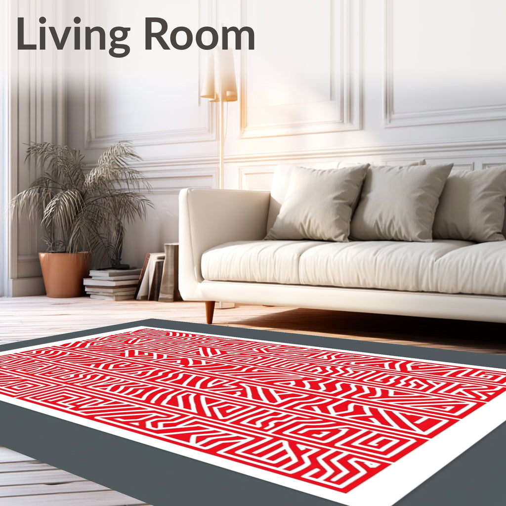 Bold Red Geometric Maze Pattern Rug