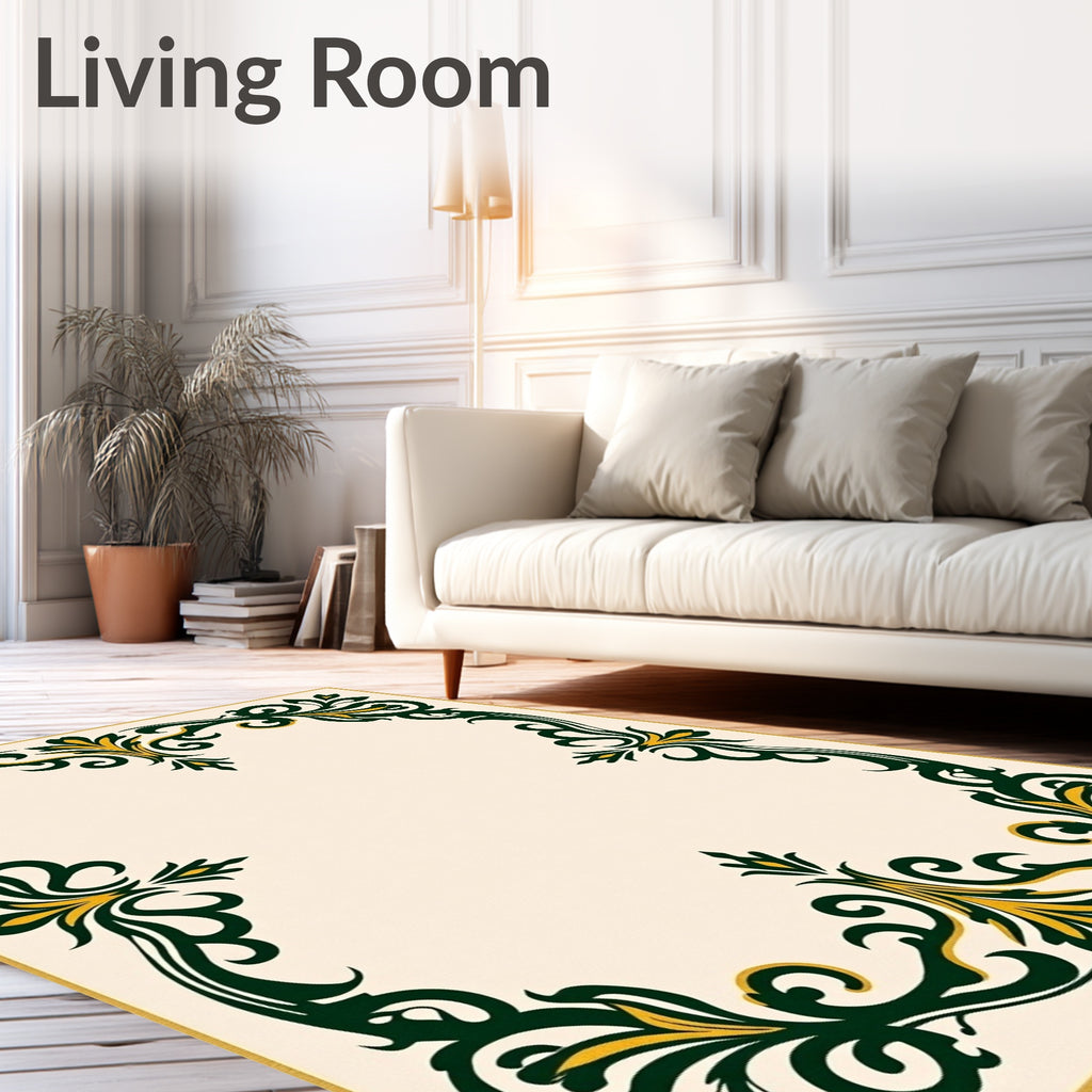 Ornate Floral Dark Green Yellow Design Rug