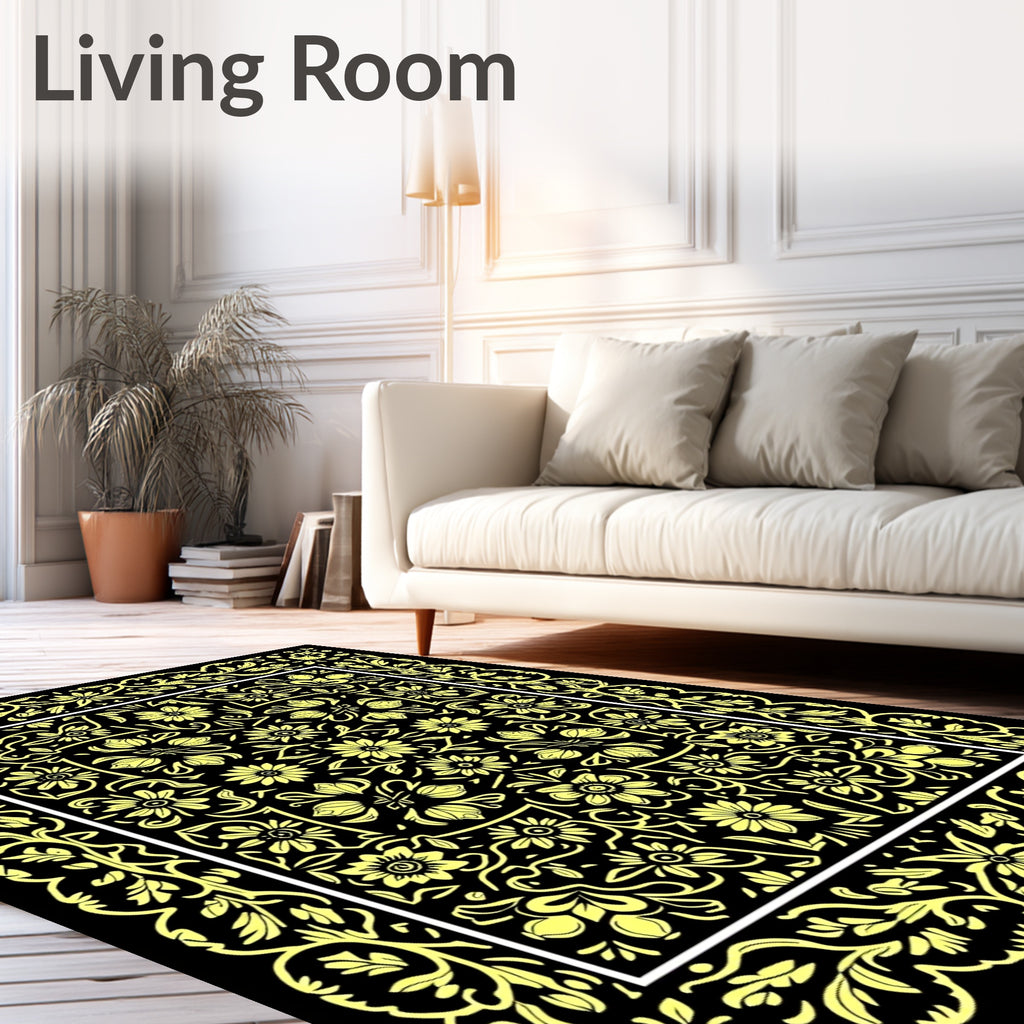 Yellow Floral Bordered Central Medallion Design Rug