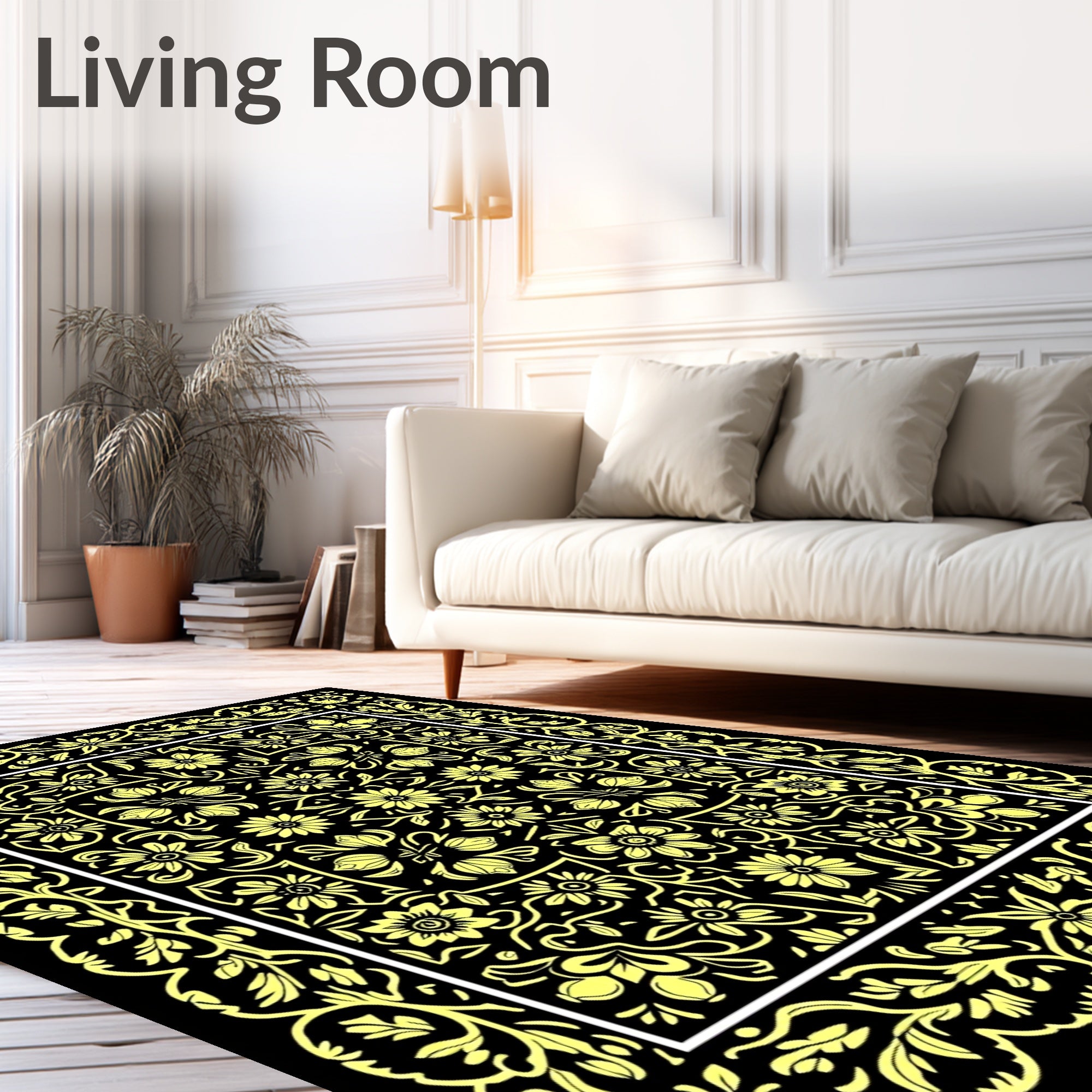 Yellow Floral Bordered Central Medallion Design Rug