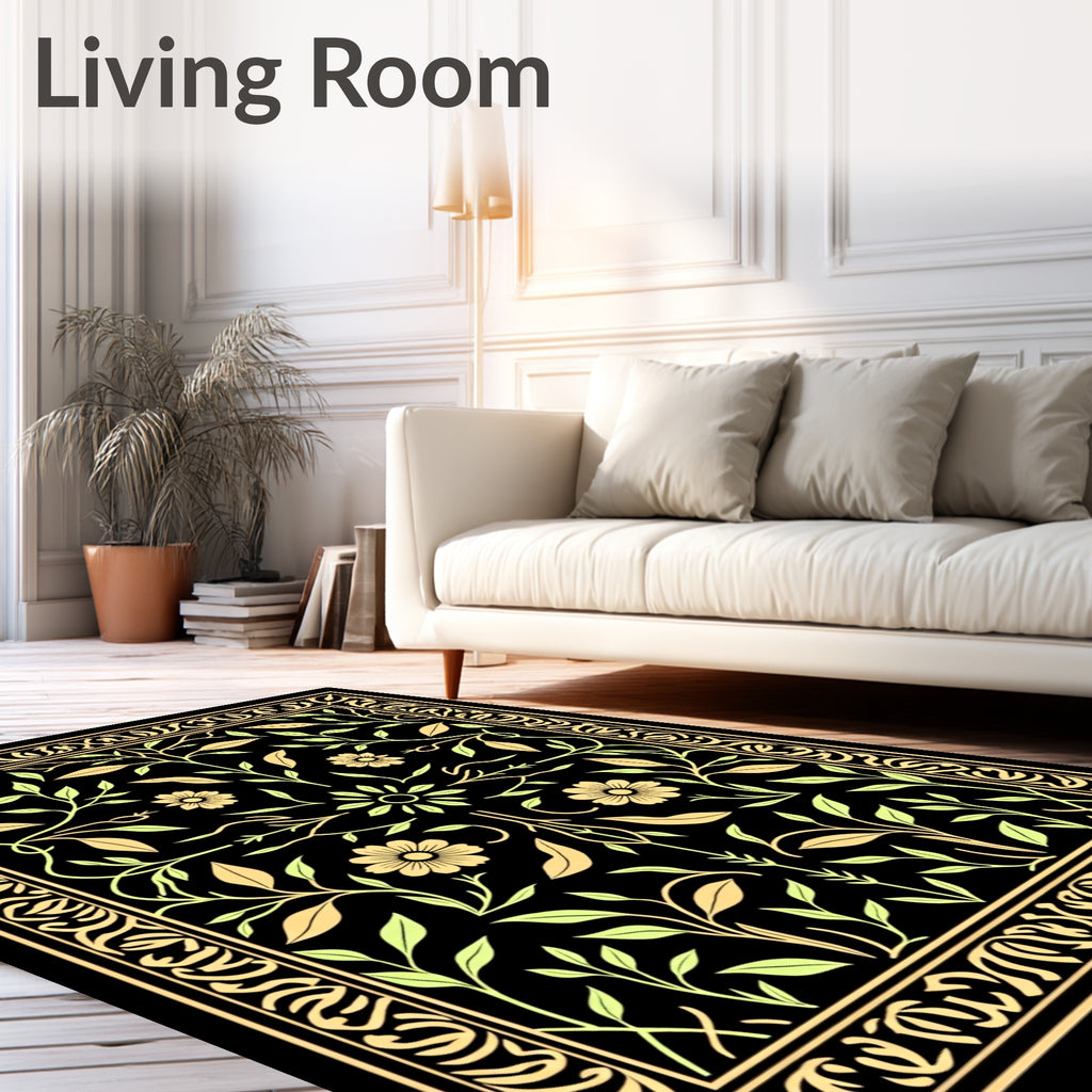 Golden Floral Vines On Black Design Rug