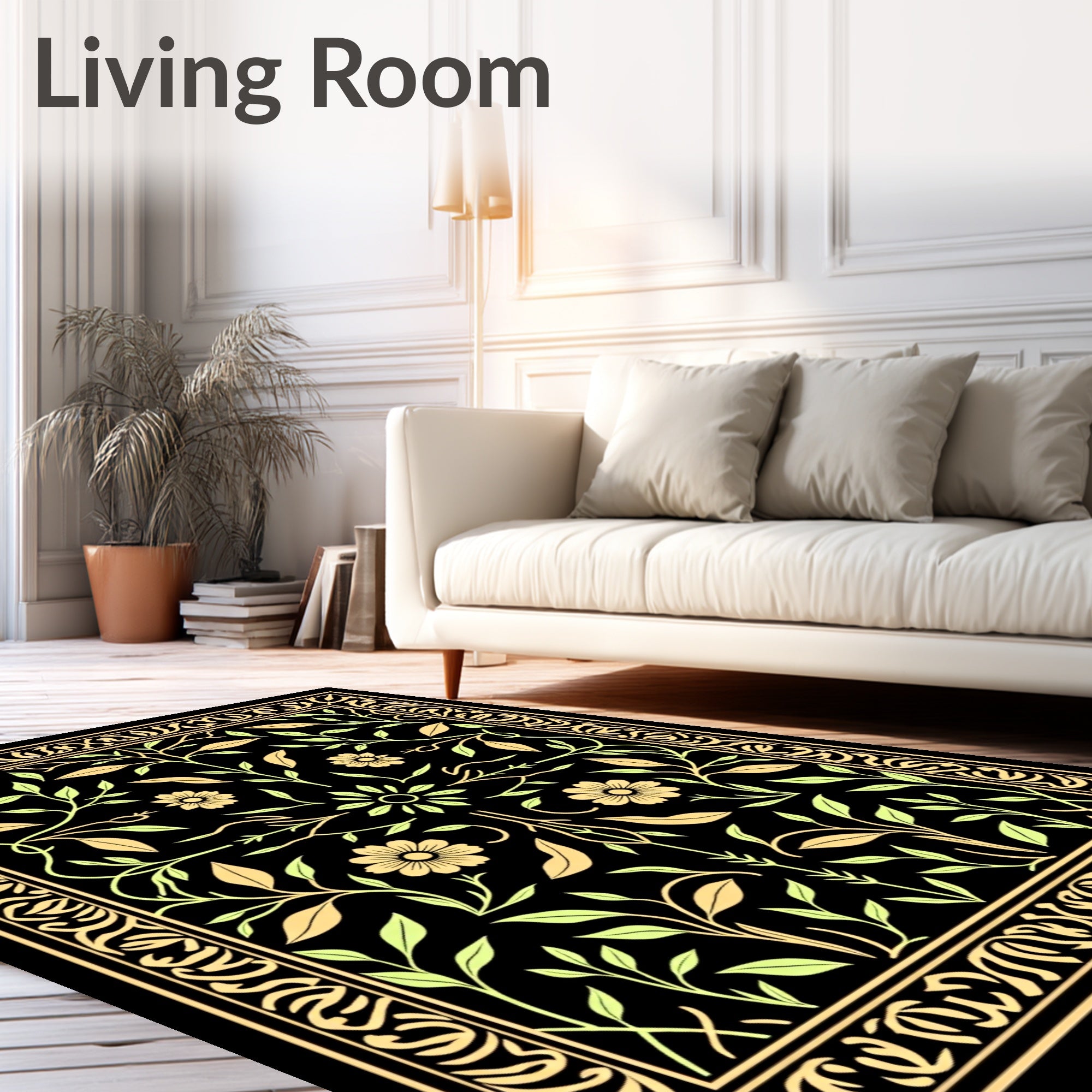 Golden Floral Vines On Black Design Rug