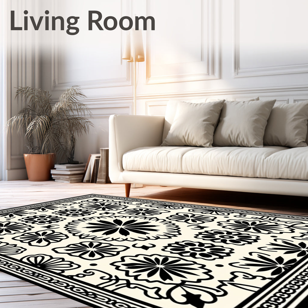 Black White Floral Patterned Rug