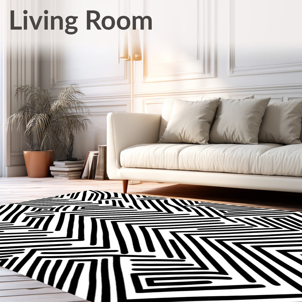 Abstract Black White Zigzag Maze Pattern Rug