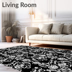 Black White Ornate Floral Scroll Rug