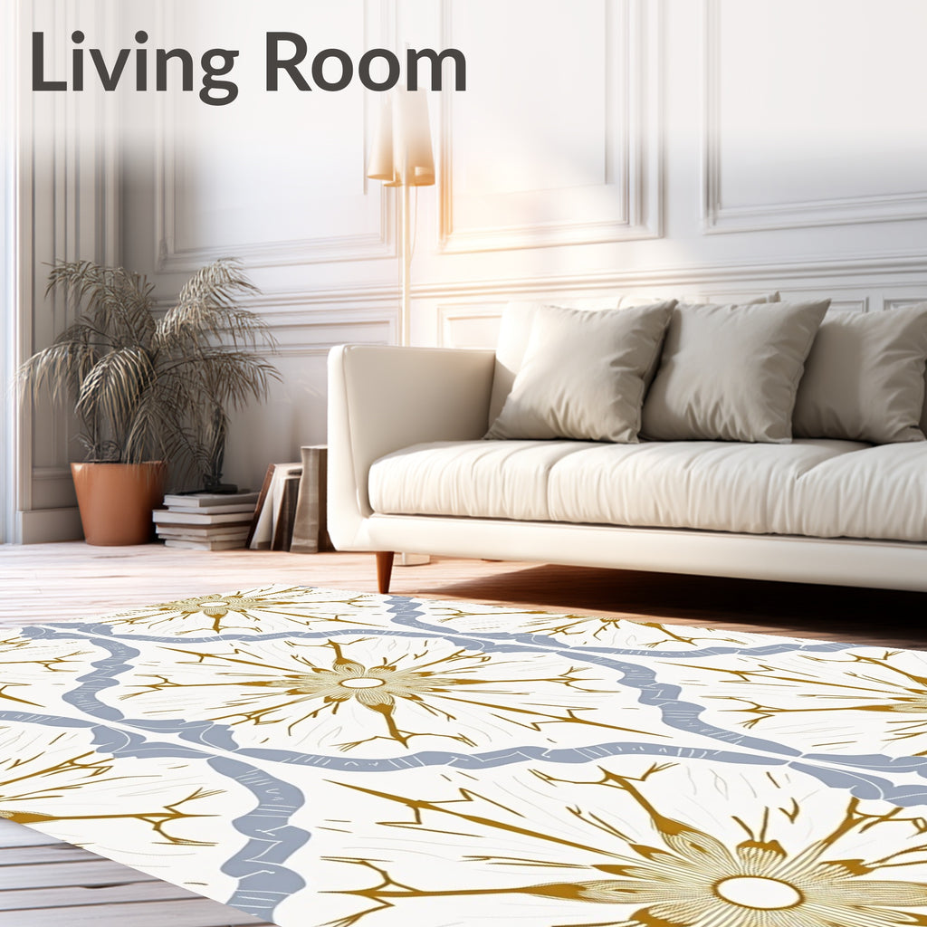 Gold Blue Floral Lattice Tile Rug