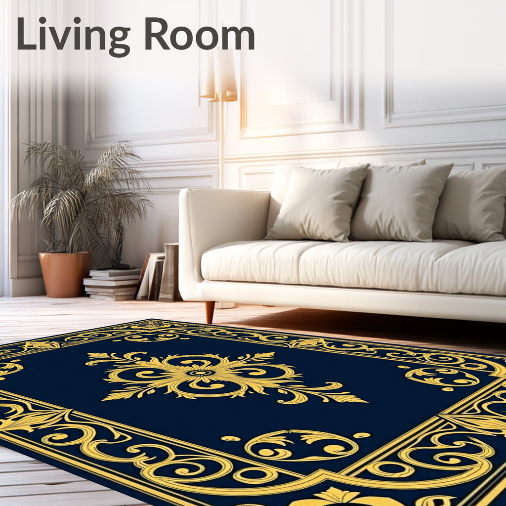 Ornate Gold Navy Scrollwork Design Rug