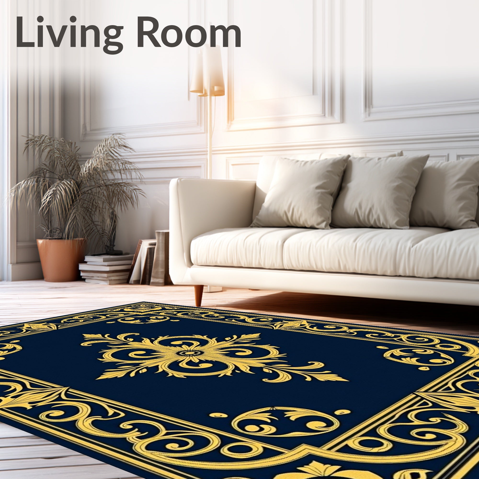 Ornate Gold Navy Scrollwork Design Rug