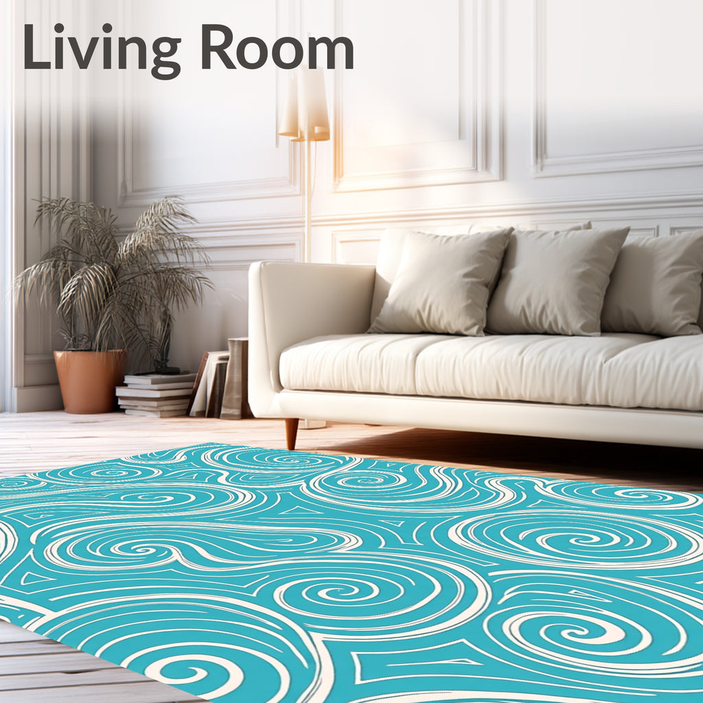 Cyan Blue Swirls Triangles Design Rug