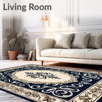 Ornate Floral Scrollwork Dark Navy Rug