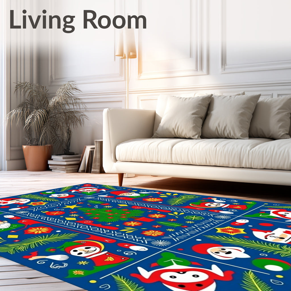 Festive Blue Christmas Folk Art Elements Rug