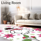 Pink Poinsettia Snowman Winter Scene Rug