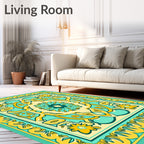 Teal Yellow Floral Mandala Pattern Rug