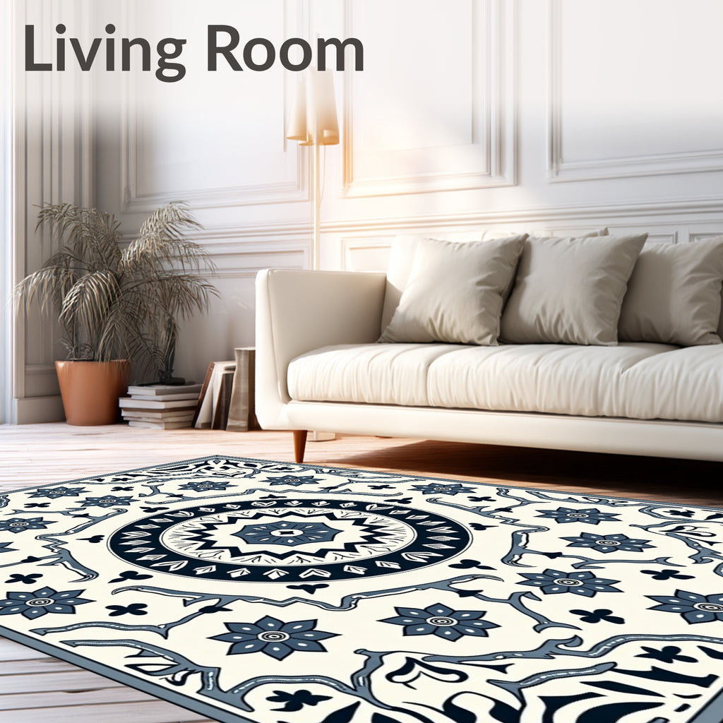 Navy Blue Floral Intricate Medallion Rug