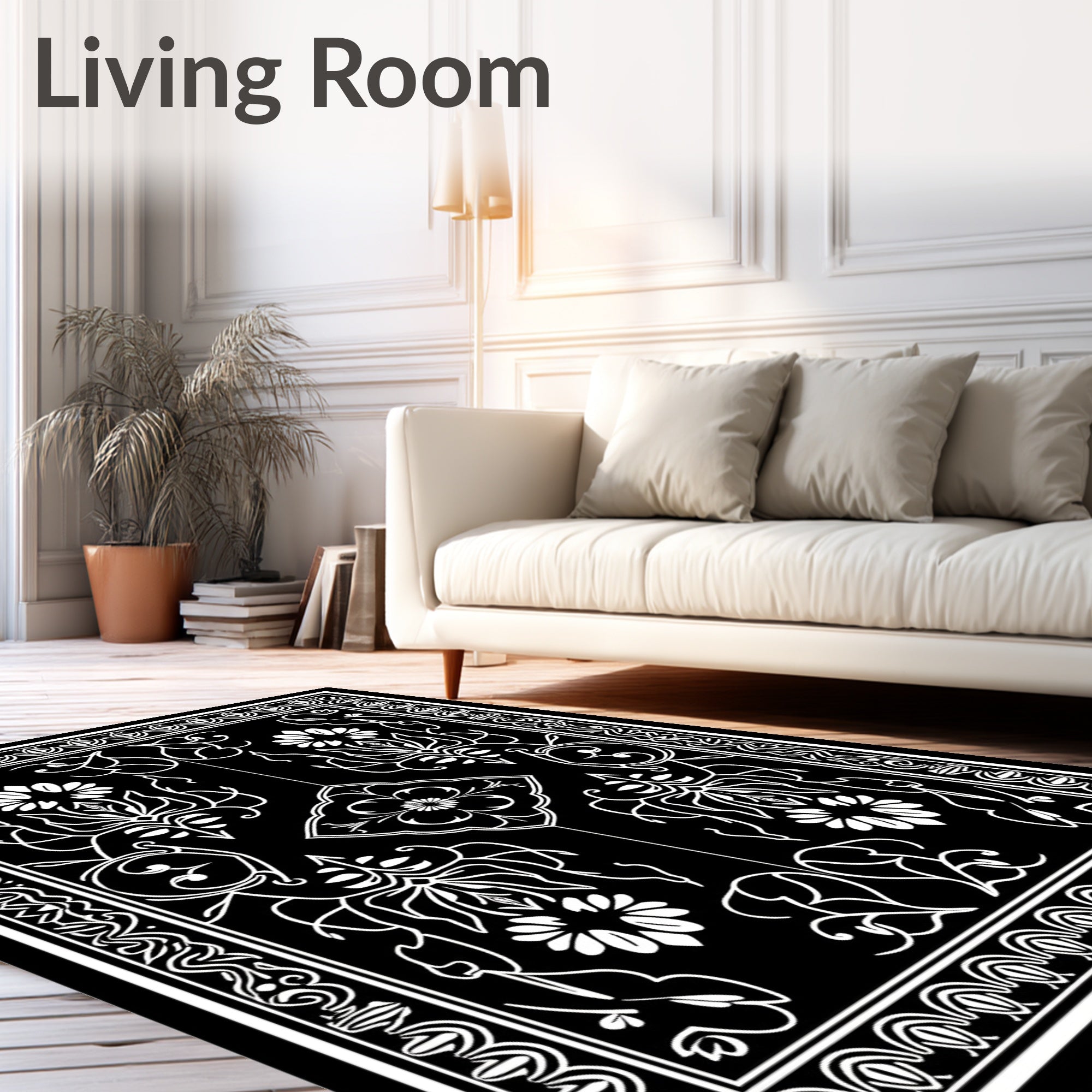 Elegant Black White Floral Symmetry Rug
