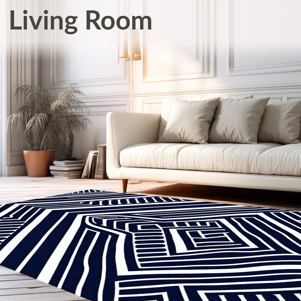 Navy White Geometric Line Art Rug