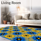 Yellow Blue Floral Sunburst Pattern Rug