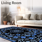 Black Floral Scrollwork Medallion Pattern Rug