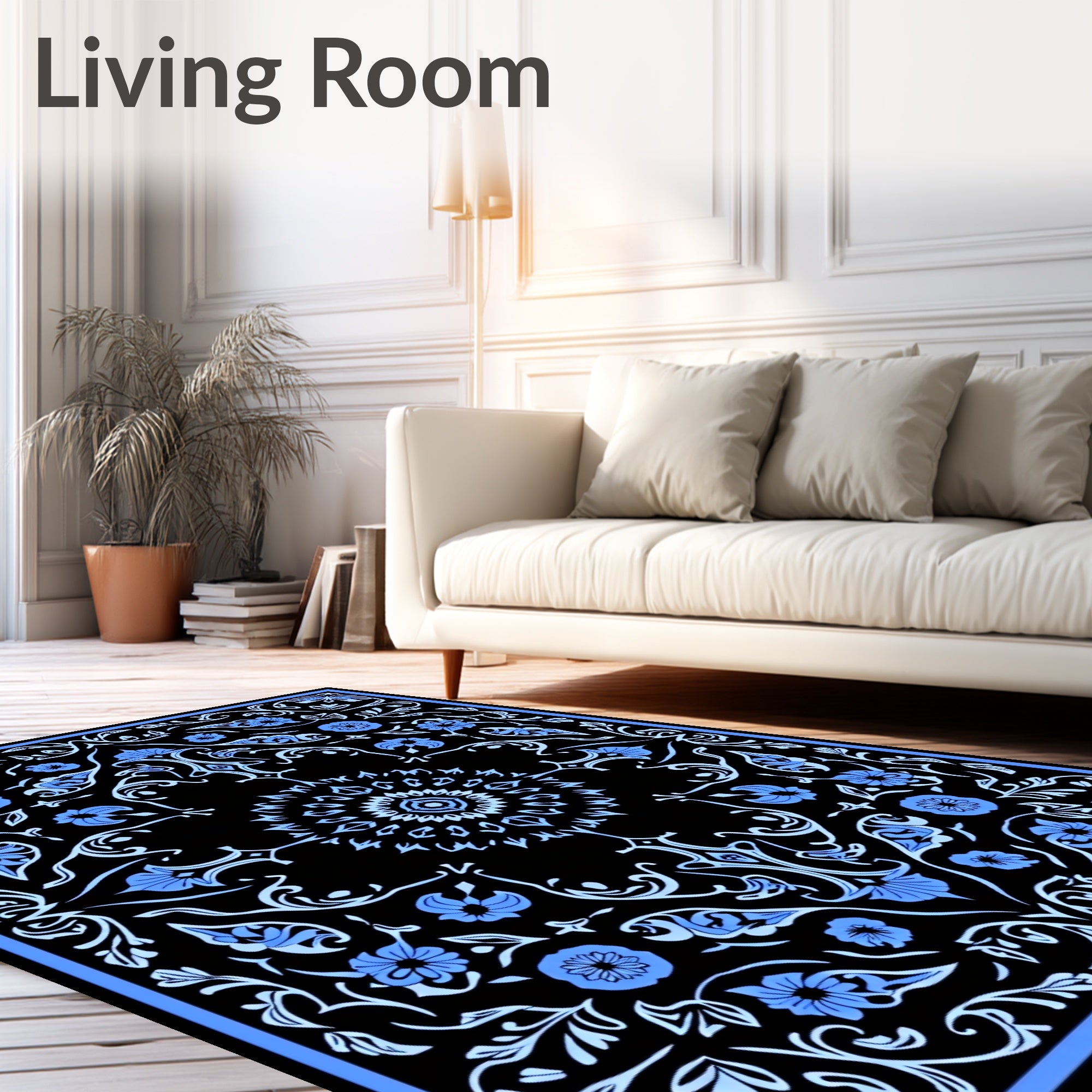 Black Floral Scrollwork Medallion Pattern Rug