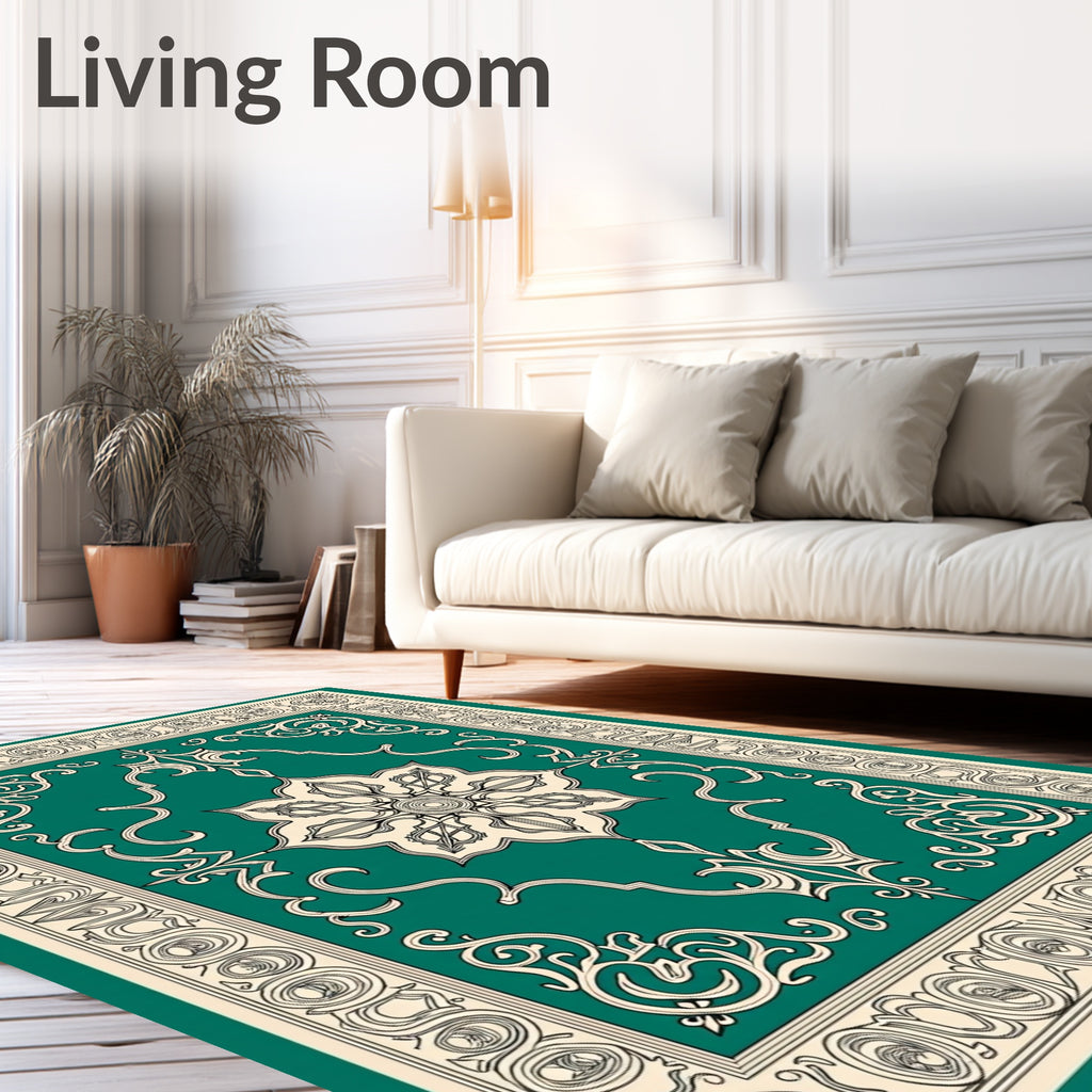 Elegant Teal Floral And Scrollwork Pattern Rug
