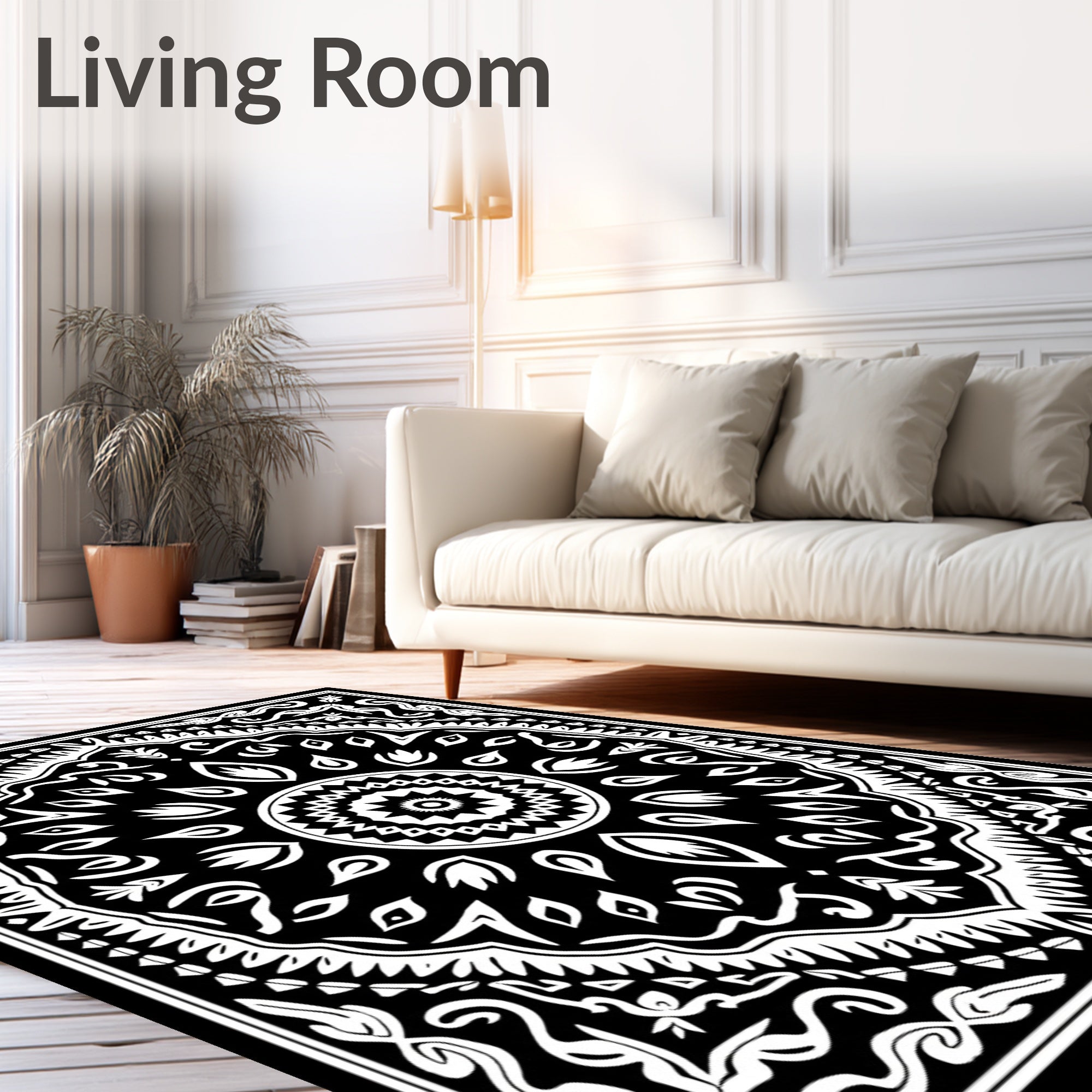 Black White Mandala Style Pattern Rug